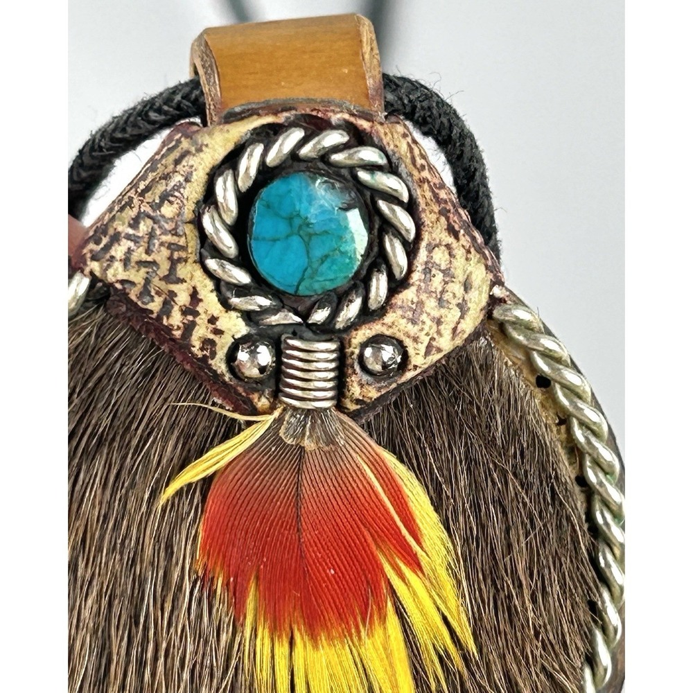 Handmade Fur Feather Turquoise Porcupine Quill Tusk Statement Necklace 24"